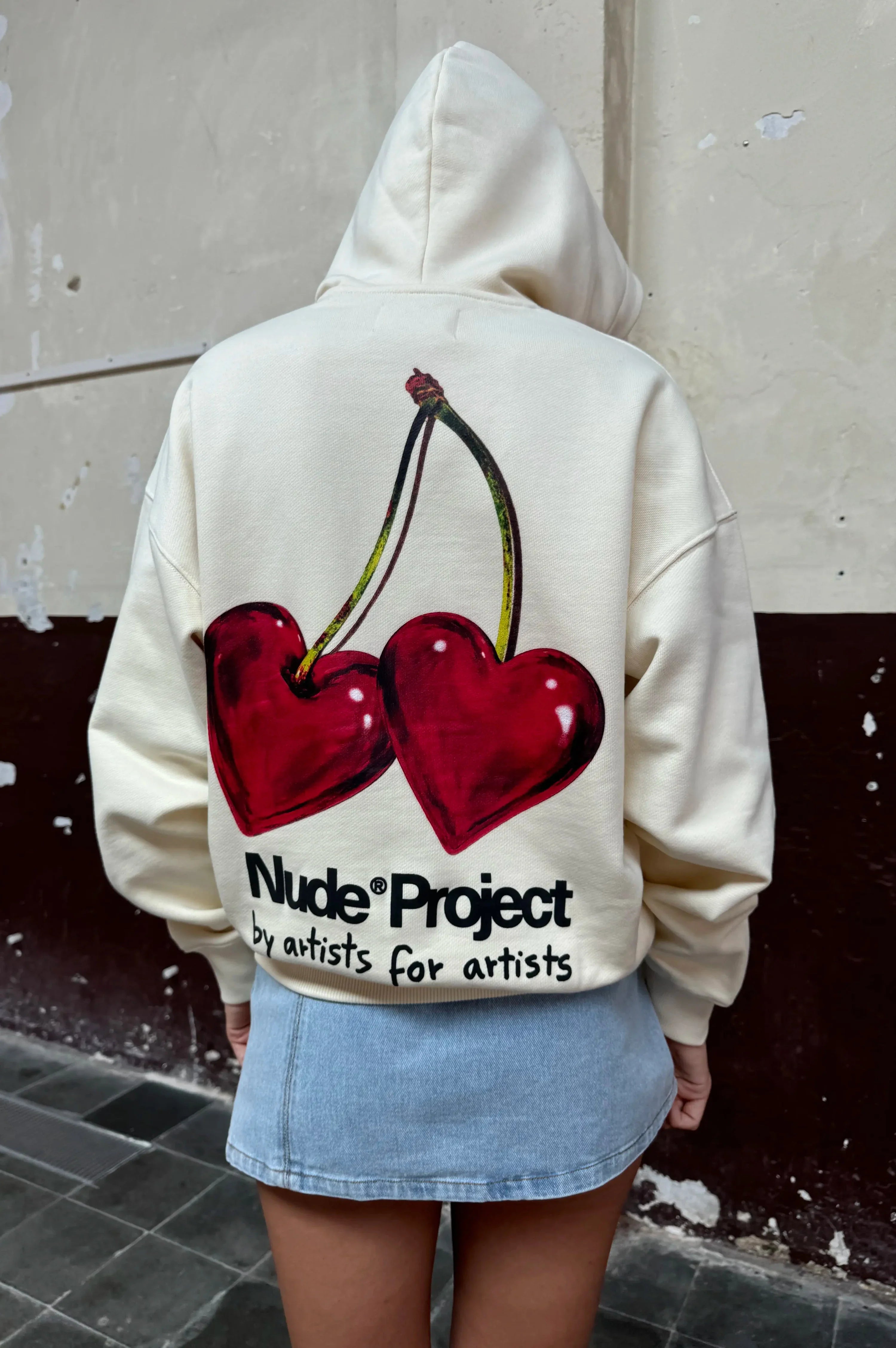 Ivory hoodie with red cherry graphic and hood