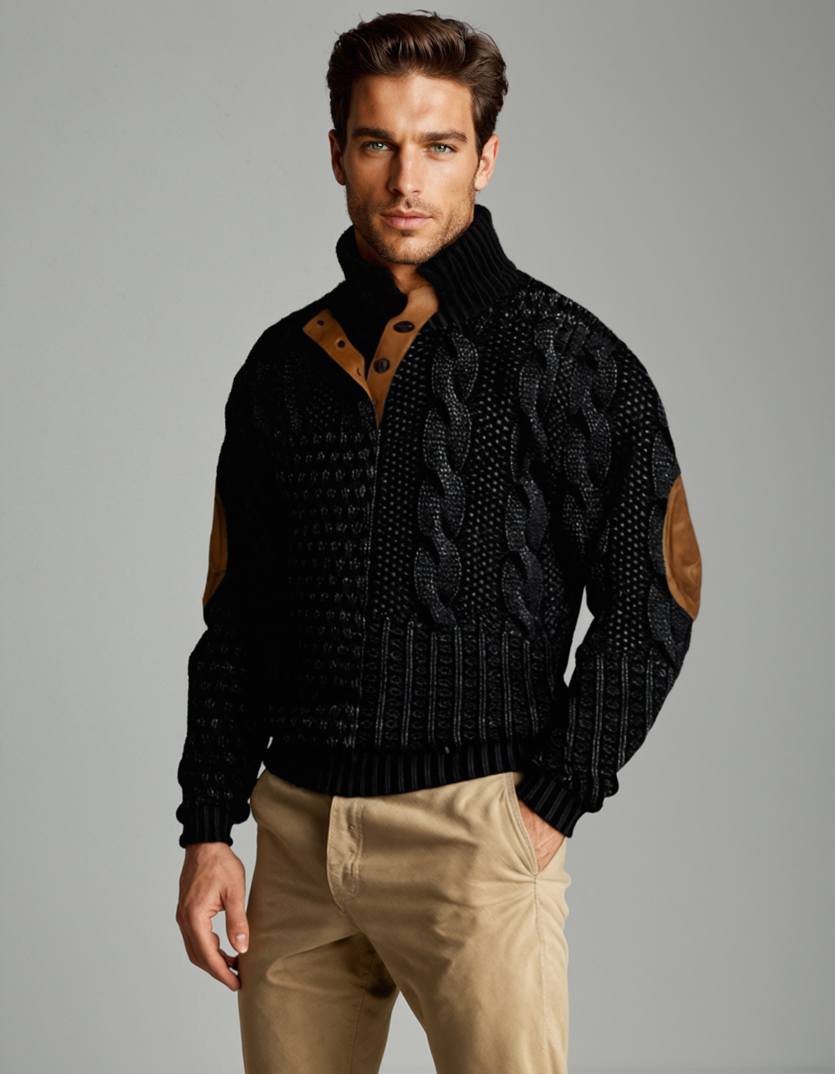 Men's textured knit jumper with high collar, button placket and contrast elbow patches