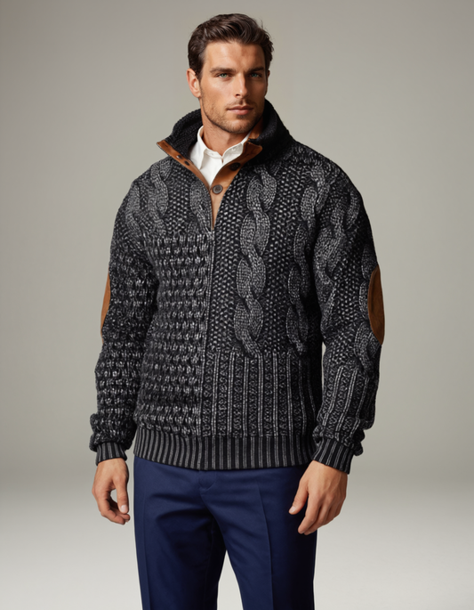 Men's textured knit jumper with high collar, button placket and contrast elbow patches