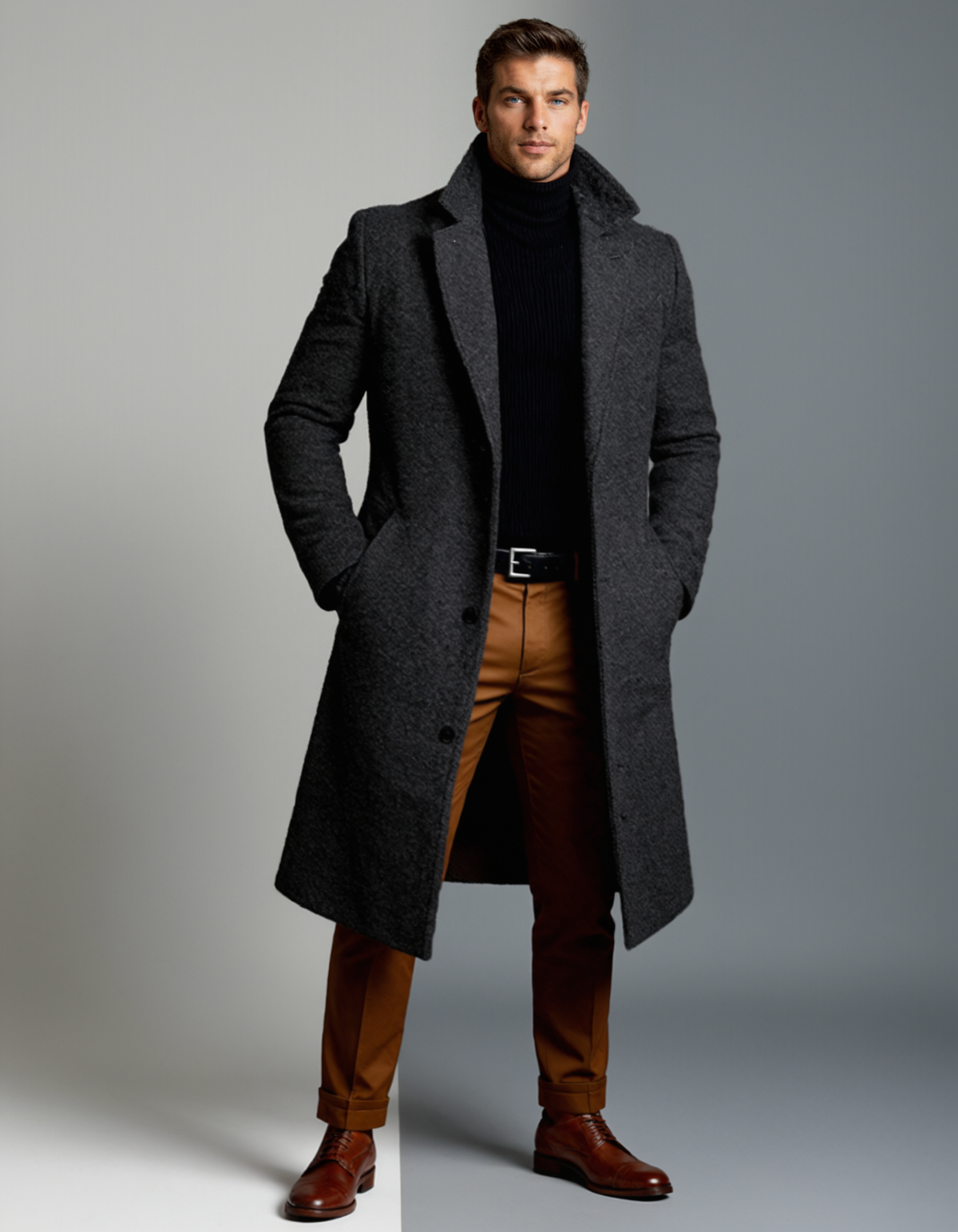 Men's long overcoat with notched lapels and side pockets