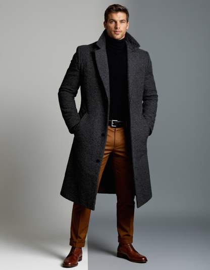 Men's long overcoat with notched lapels and side pockets