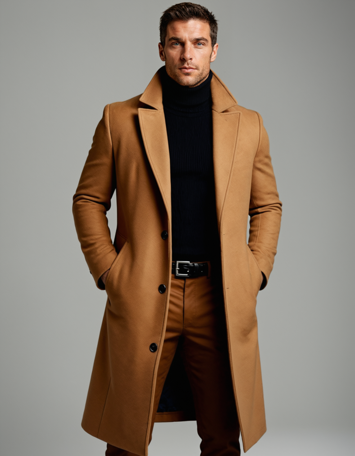 Men's long overcoat with notched lapels and side pockets