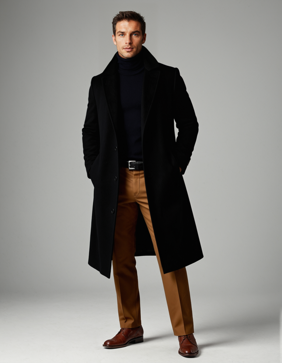 Men's long overcoat with notched lapels and side pockets
