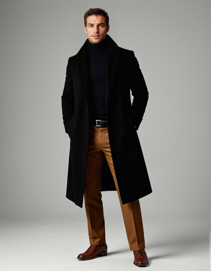 Men's long overcoat with notched lapels and side pockets