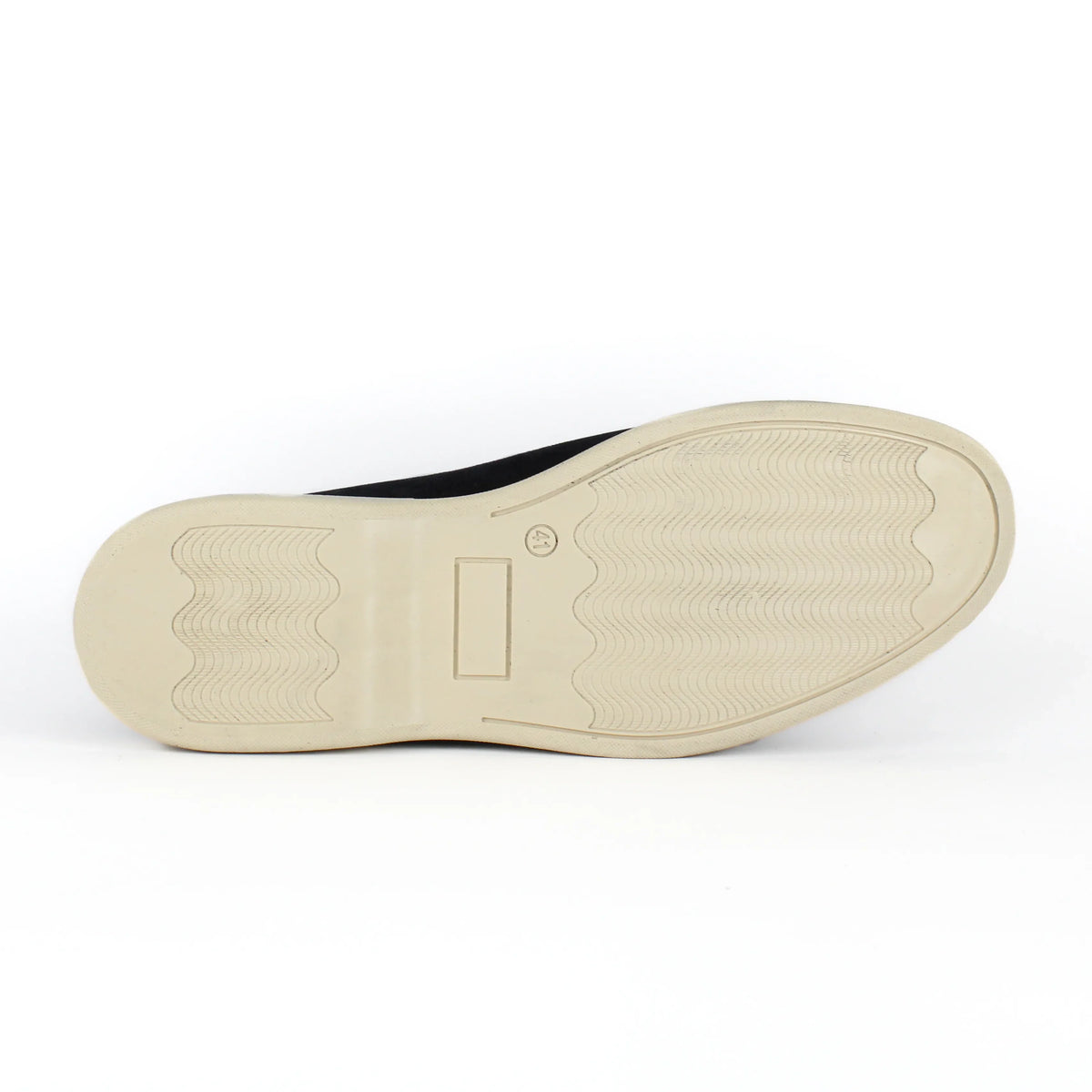 Black men's slip-on loafers with rounded toes and contrasting light soles