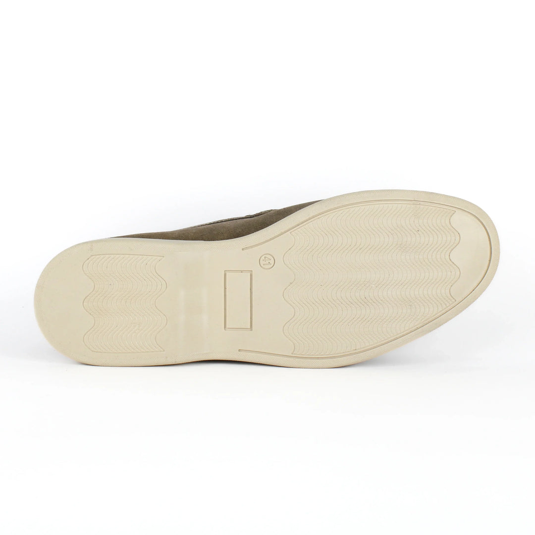 Men's beige moc toe slip-on loafers with low heel