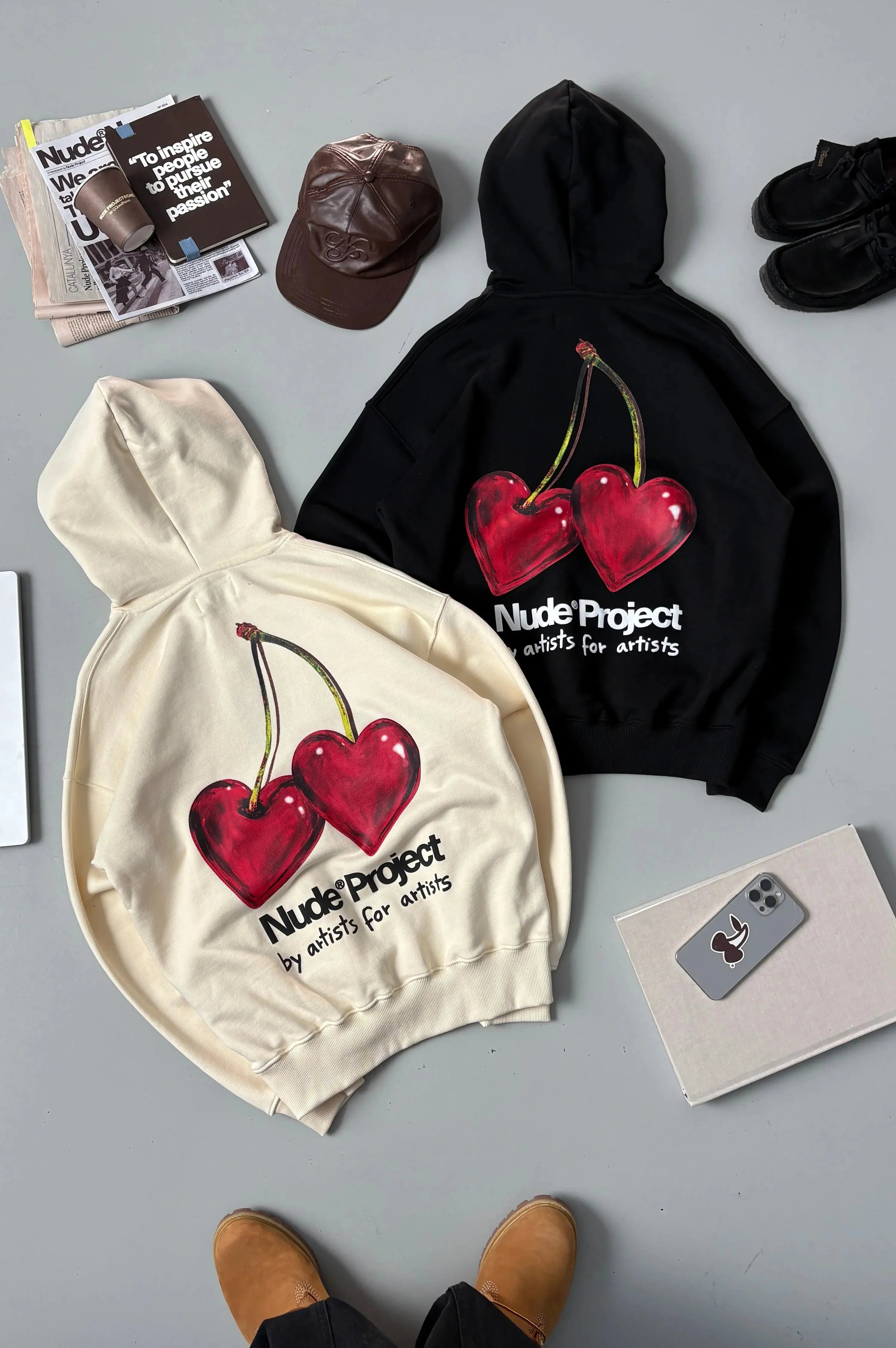 Ivory hoodie with red cherry graphic and hood