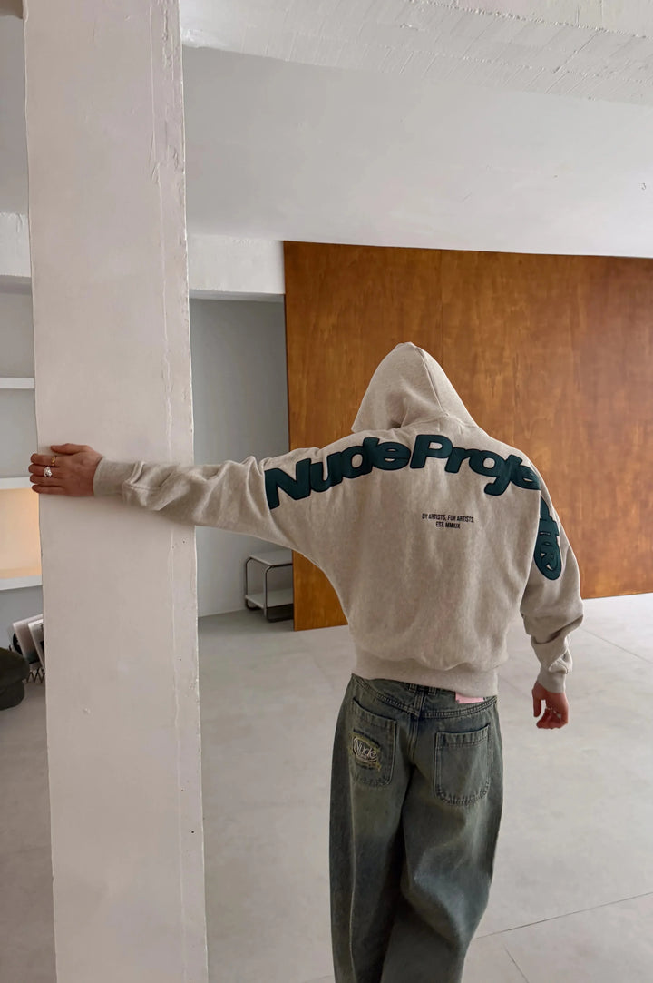 Grey graphic zip-up hoodie with hood and lettering