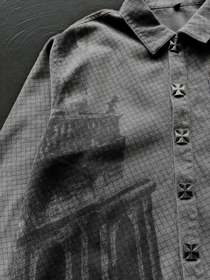Gray checkered graphic shirt with buttons, chest pocket and frayed edges