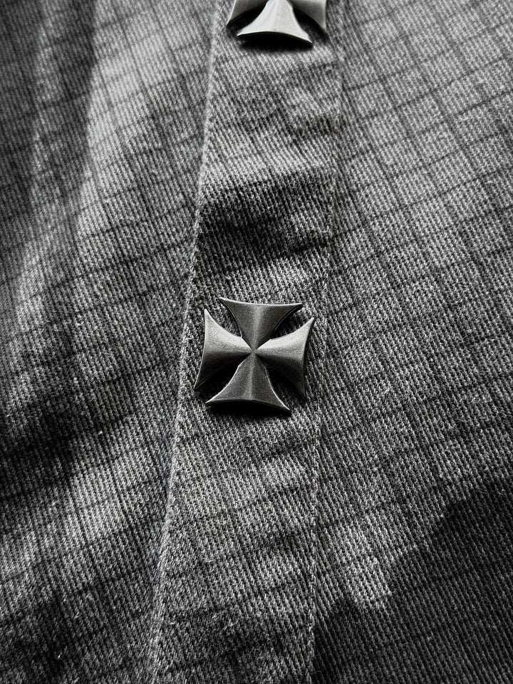 Gray checkered graphic shirt with buttons, chest pocket and frayed edges
