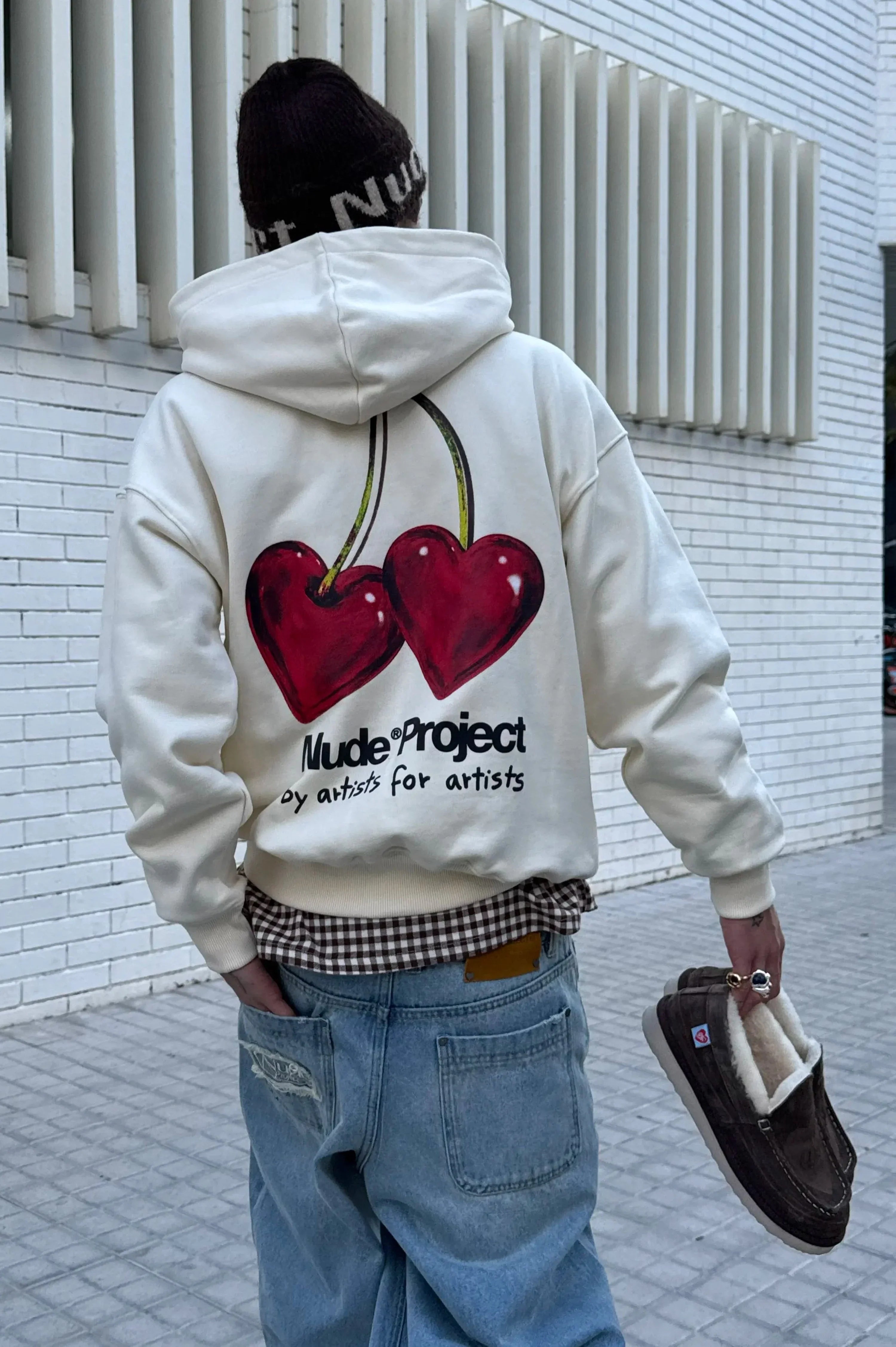 Ivory hoodie with red cherry graphic and hood