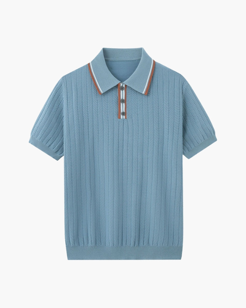 Men's short-sleeved ribbed knit polo shirt with contrast collar trim