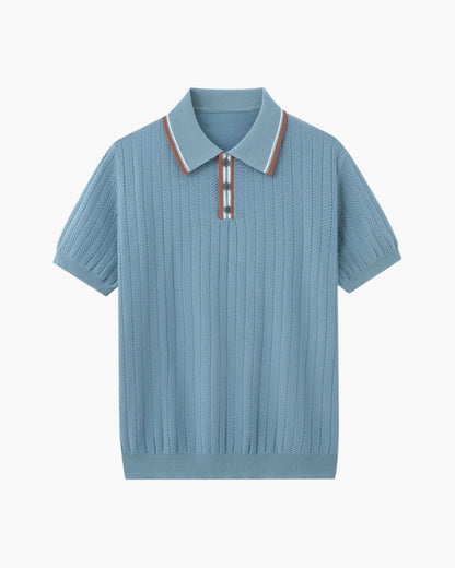 Men's short-sleeved ribbed knit polo shirt with contrast collar trim
