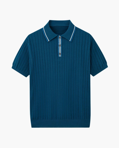 Men's short-sleeved ribbed knit polo shirt with contrast collar trim