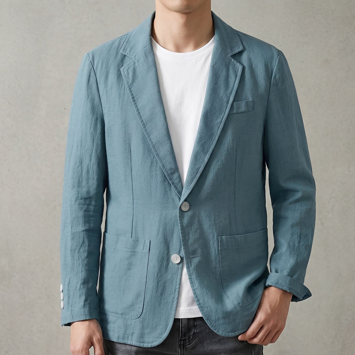 Men's textured blazer with notch lapels, long sleeves, buttons and patch pockets