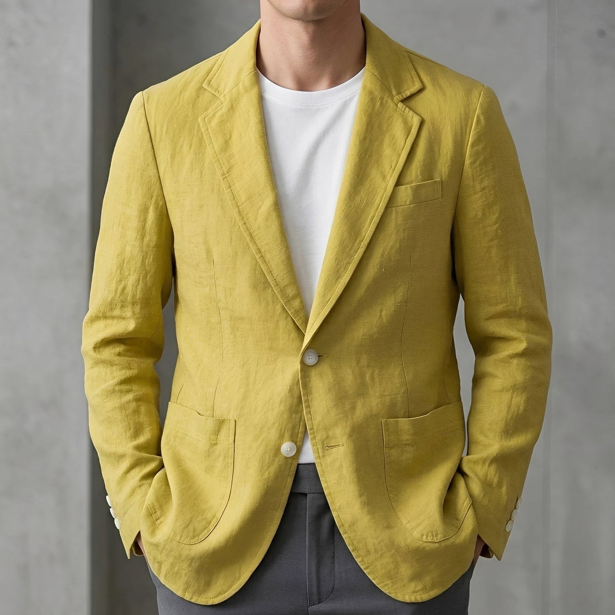 Men's textured blazer with notch lapels, long sleeves, buttons and patch pockets