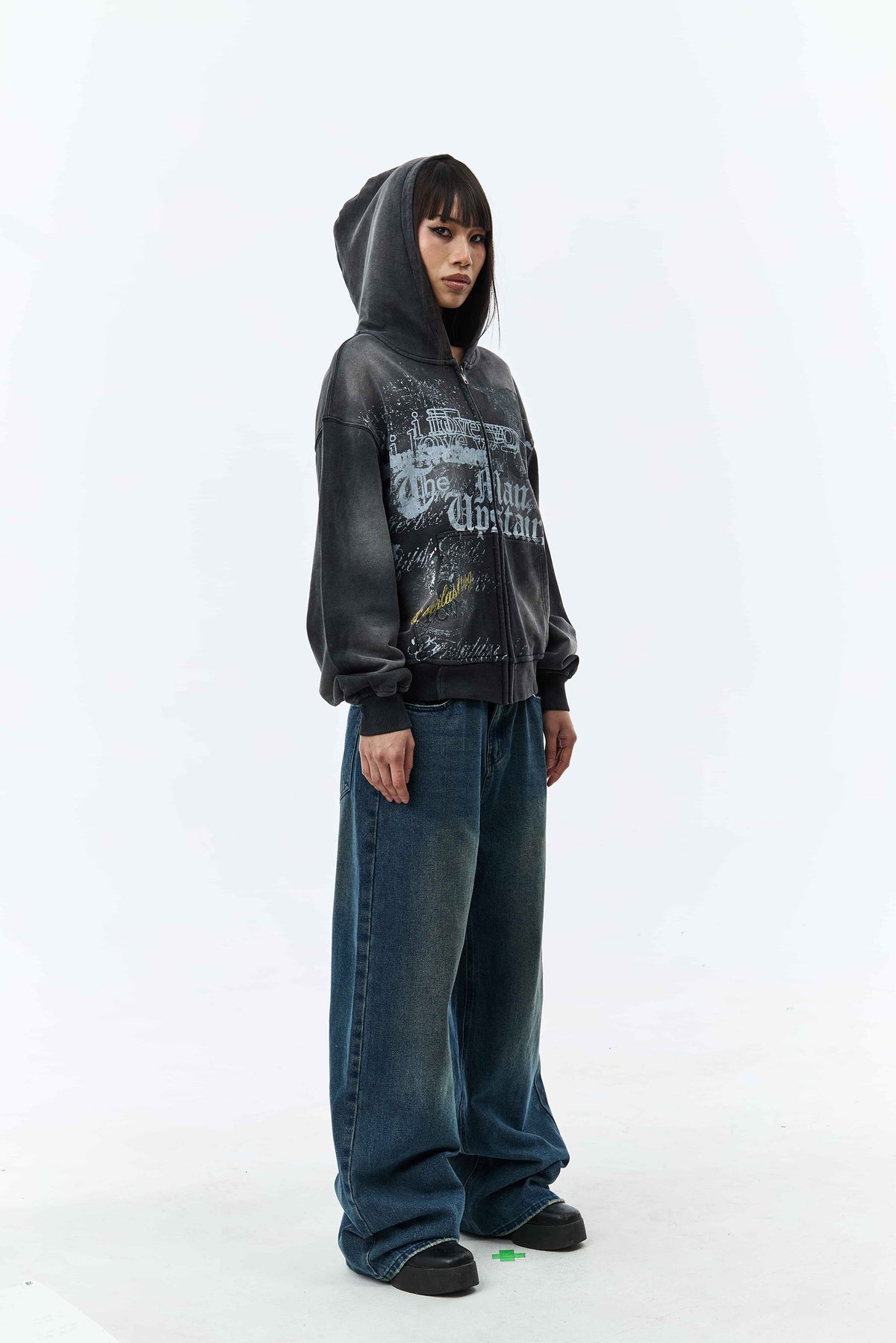 Men's dark grey graphic zip-up hoodie with hood and front kangaroo pocket