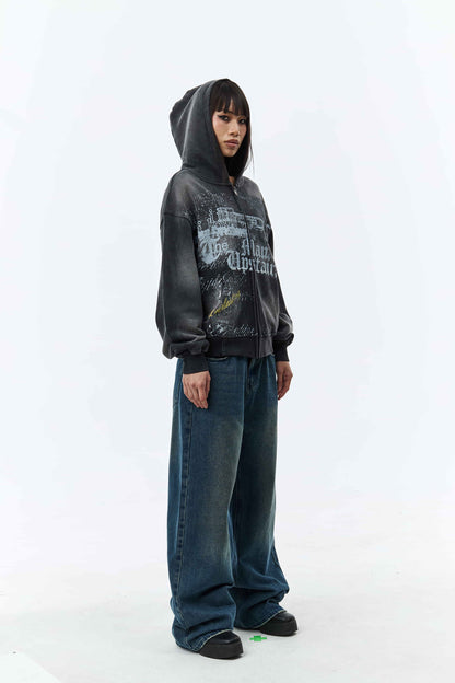 Men's dark grey graphic zip-up hoodie with hood and front kangaroo pocket