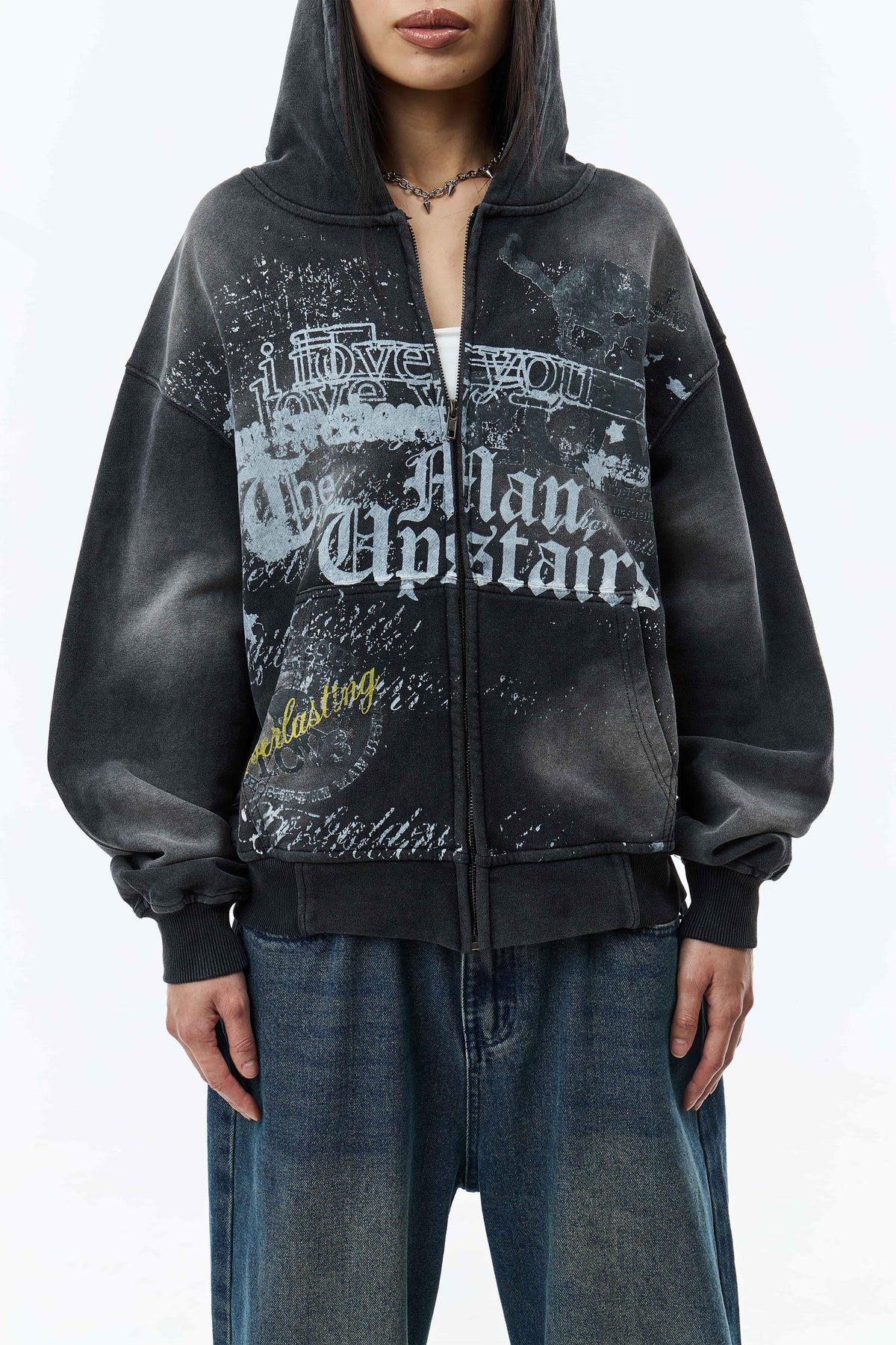 Men's dark grey graphic zip-up hoodie with hood and front kangaroo pocket