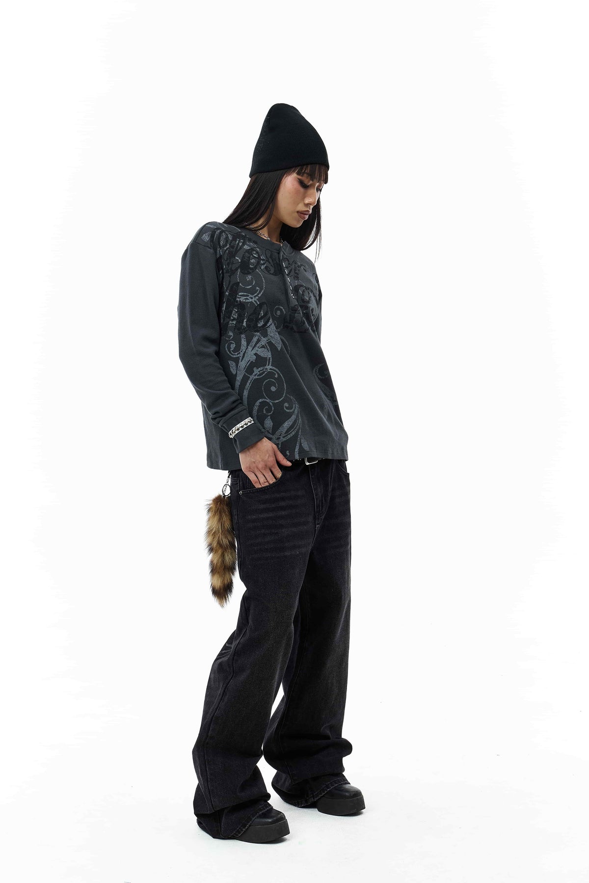 Men's dark grey long-sleeve Henley top with abstract scroll pattern