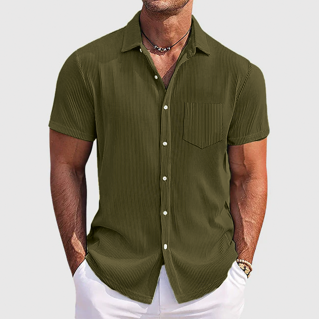 Men's Striped Short Sleeve Shirt, Lightweight Button-Up with Turn-Down Collar and Chest Pocket