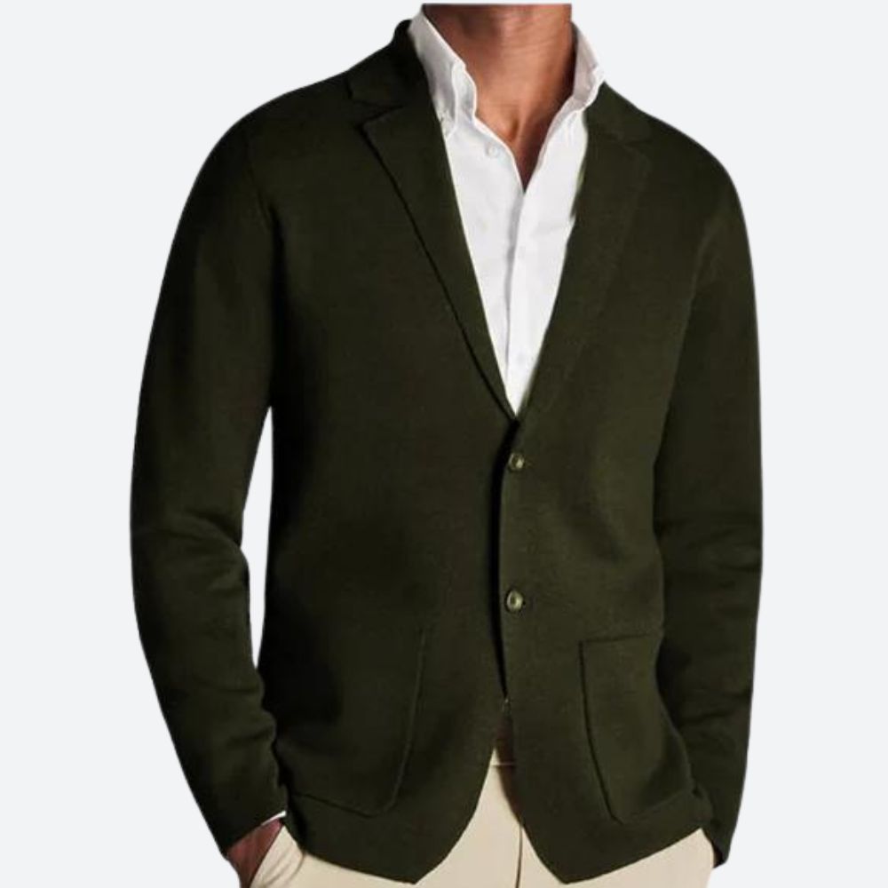 Men's knitted blazer with notched lapels, long sleeves and patch pockets