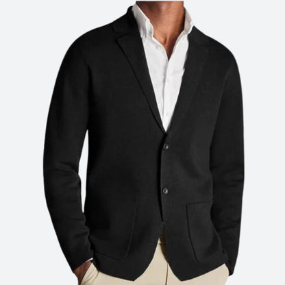 Men's knitted blazer with notched lapels, long sleeves and patch pockets