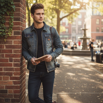 Men's blue faded denim jacket with long sleeves and chest pockets