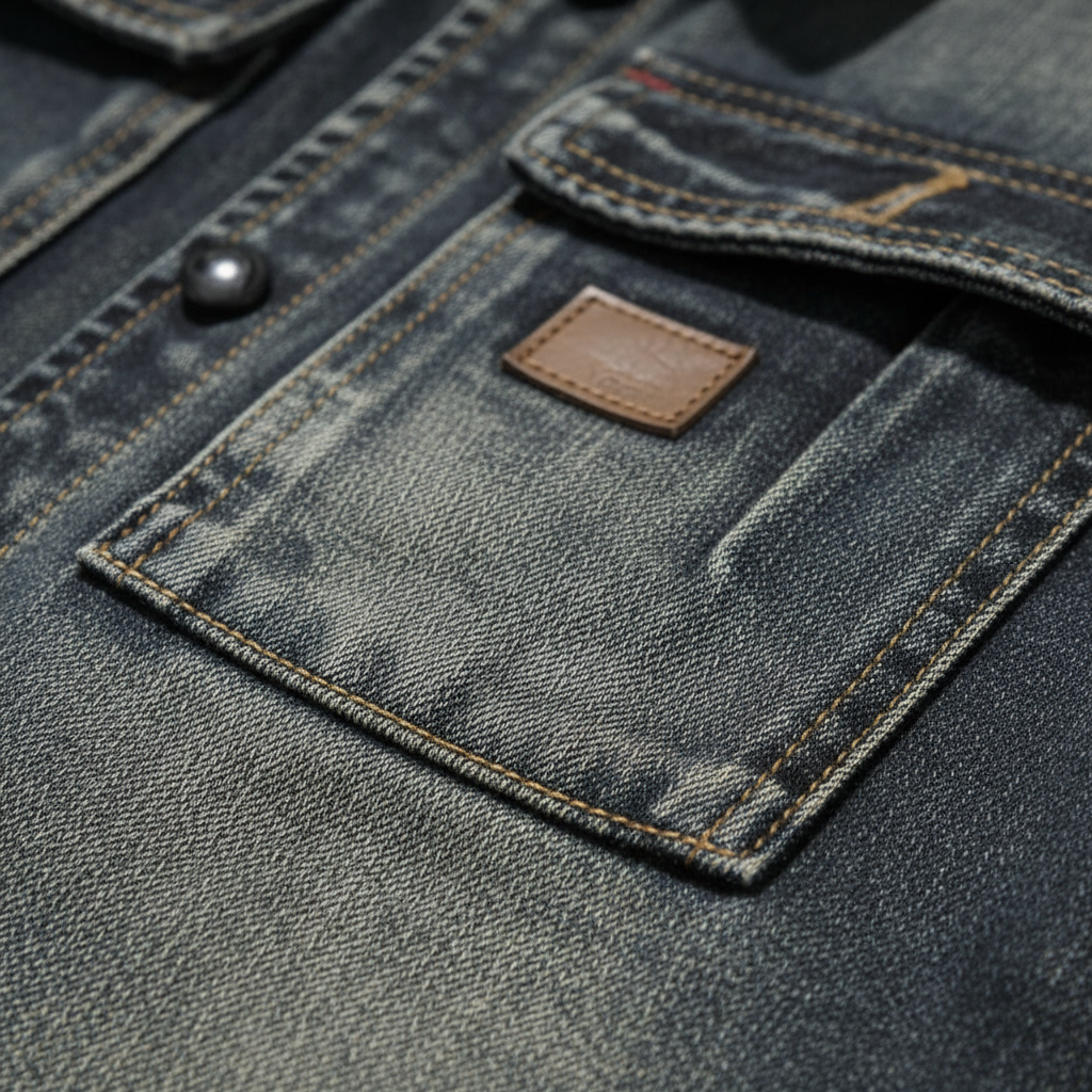 Men's blue faded denim jacket with long sleeves and chest pockets