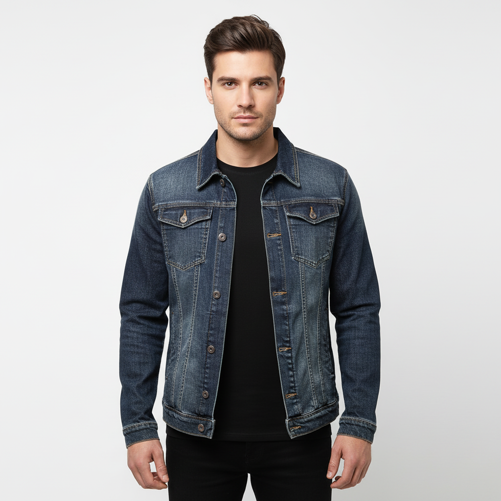 Men's blue faded denim jacket with long sleeves and chest pockets