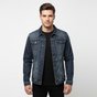 Men's blue faded denim jacket with long sleeves and chest pockets