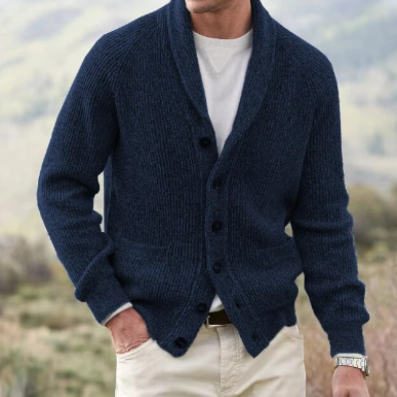 Men's ribbed cardigan with shawl collar, button front and patch pockets