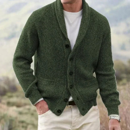 Men's ribbed cardigan with shawl collar, button front and patch pockets