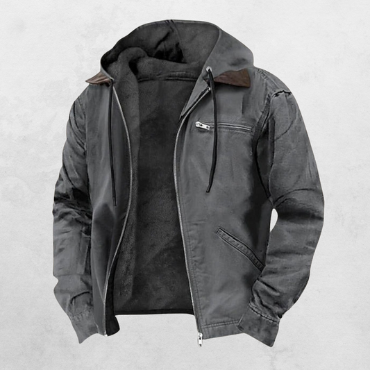 Men's hooded puffer jacket with long sleeves, zip front and multiple pockets