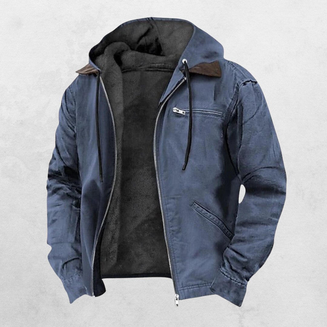 Men's hooded puffer jacket with long sleeves, zip front and multiple pockets