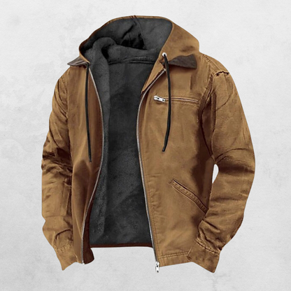 Men's hooded puffer jacket with long sleeves, zip front and multiple pockets