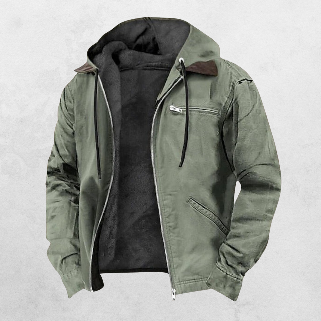 Men's hooded puffer jacket with long sleeves, zip front and multiple pockets