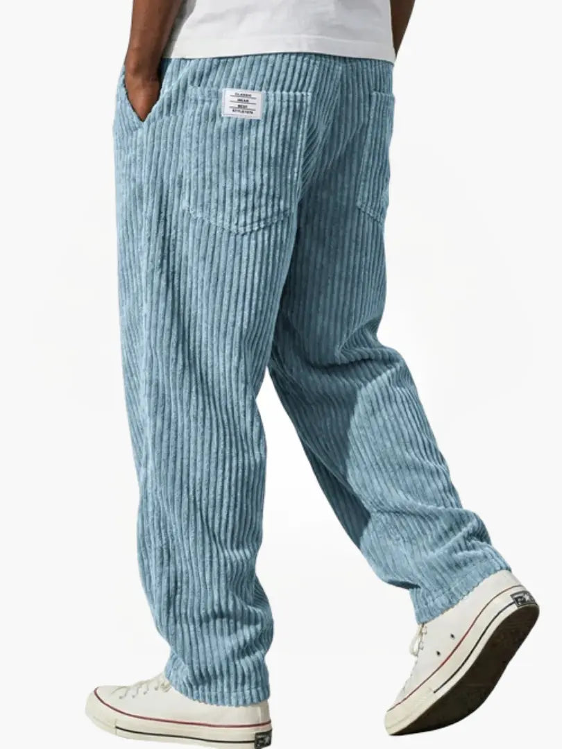 Men's ribbed corduroy trousers with elastic waist and straight legs