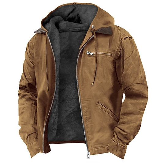 Men's hooded full-zip utility jacket with long sleeves and front pockets