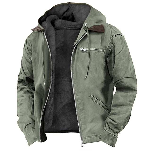 Men's hooded full-zip utility jacket with long sleeves and front pockets