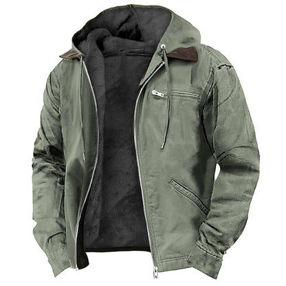 Men's hooded full-zip utility jacket with long sleeves and front pockets
