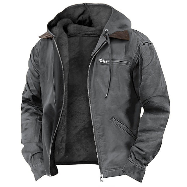 Men's hooded full-zip utility jacket with long sleeves and front pockets