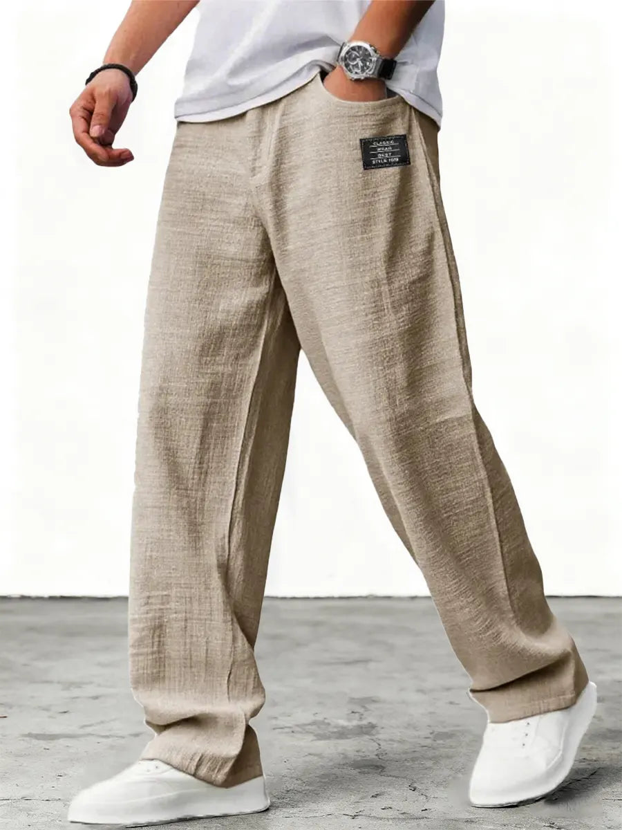 Men's relaxed fit wide leg summer trousers in blue with flat front waist and textured finish