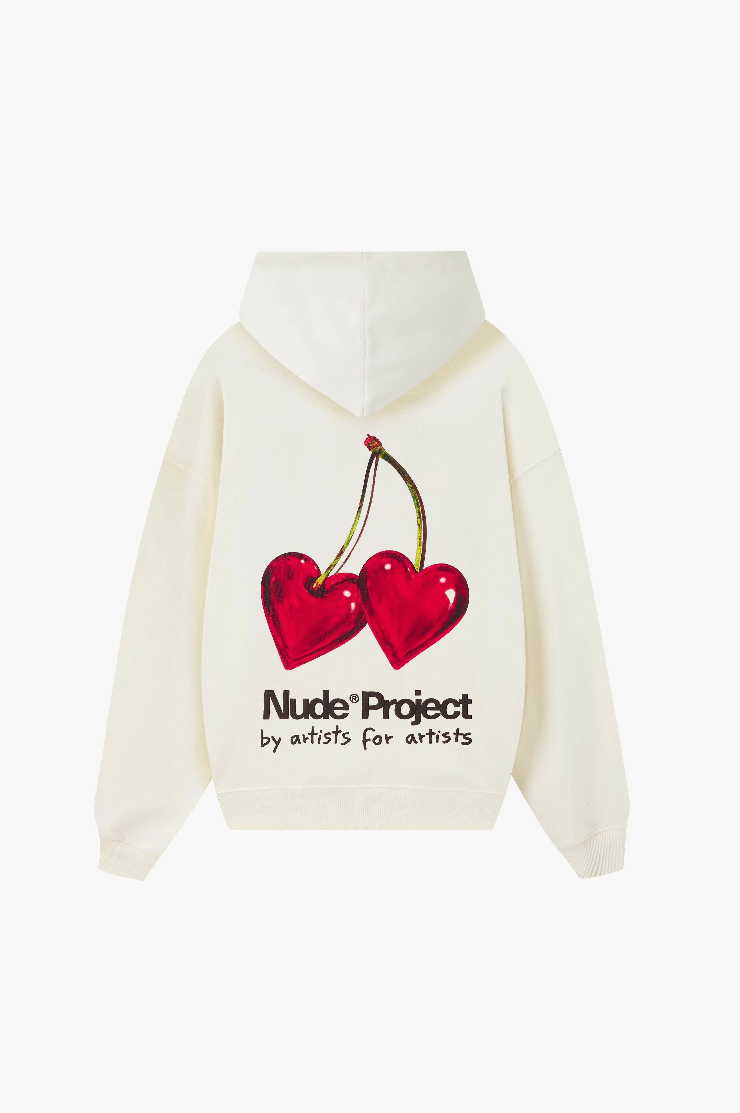 Ivory hoodie with red cherry graphic and hood