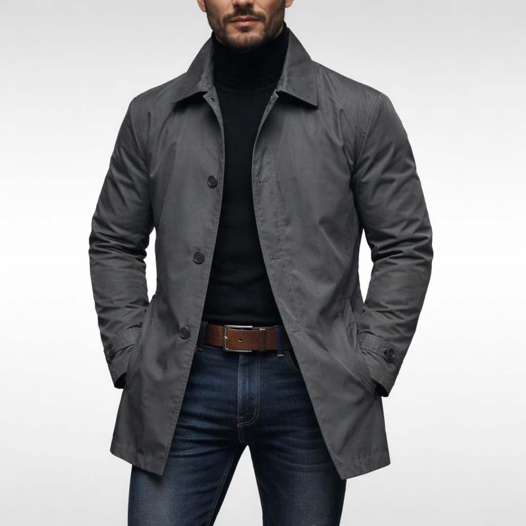 Men's trench jacket with pointed collar, button front and side pockets