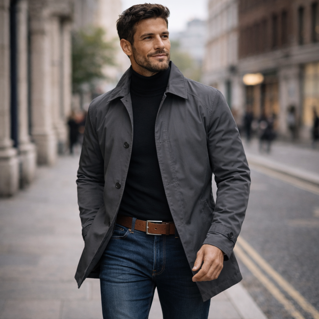 Men's trench jacket with pointed collar, button front and side pockets