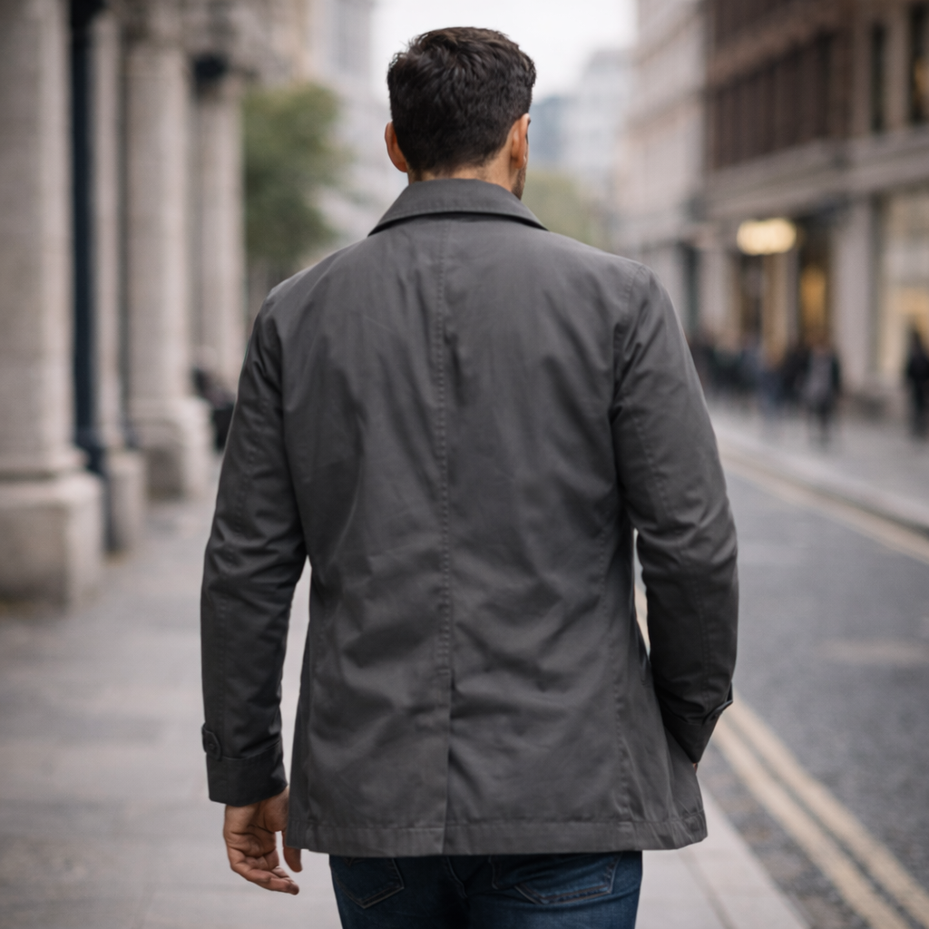 Men's trench jacket with pointed collar, button front and side pockets