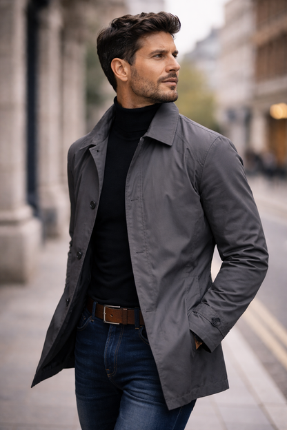 Men's trench jacket with pointed collar, button front and side pockets