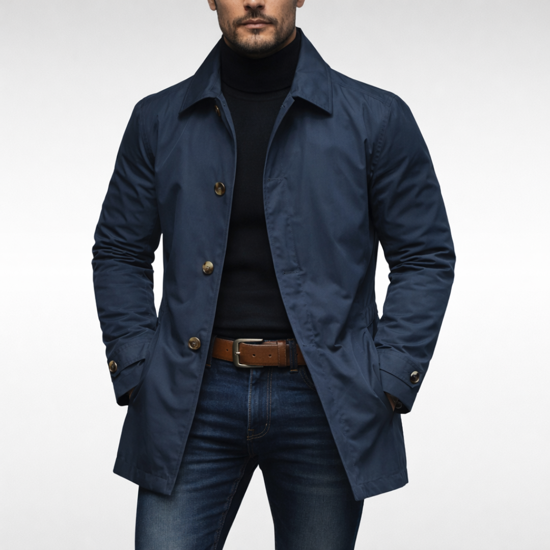 Men's trench jacket with pointed collar, button front and side pockets