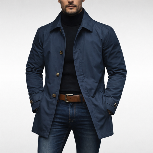 Men's trench jacket with pointed collar, button front and side pockets